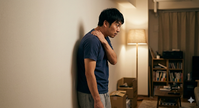 壁に背中をつけて立つ「姿勢テスト」に挑戦するも、体が硬すぎて後頭部が壁につかず、自分の体のサビに絶望している30代男性のイメージ。