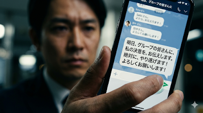 グループチャットで同僚や友人に「明日からジムに通う」という宣言メッセージを送信する瞬間のスマホ画面。自分のプライドを人質にして退路を断ち、強制的にジム通いを習慣化する覚悟を視覚化した画像。