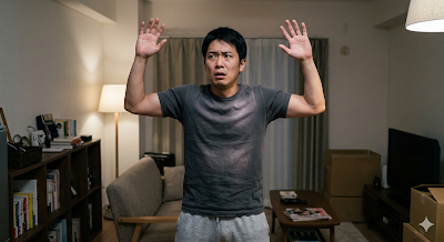 両腕を上げる「バンザイテスト」をするも、肩と胸が硬すぎて腕が耳まで上がらず、自分の「巻き肩」に絶望している30代男性のイメージ。