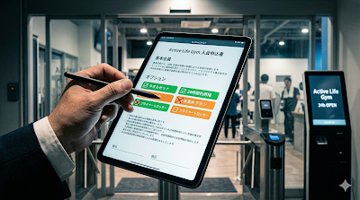 ジムのWEB入会画面を開いたタブレットで、「水素水」や「プライベートロッカー」など不要なオプションのチェックを外しているサラリーマンの手元。初月無料キャンペーンの罠を回避し、無駄な固定費（ランニングコスト）を削る賢い契約アクションを表現した画像。