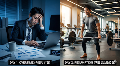 残業で疲れ果てて深夜のデスクで頭を抱える30代サラリーマン（左）と、翌日、明るいジムで笑顔で裸足のバーベルリフトをこなす力強い姿（右）。完璧主義を捨ててジム習慣を再開する重要性を視覚化した、2面構成の写真。