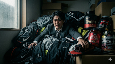 大量の高級スポーツウェアや巨大なプロテインの山に押しつぶされ、苦悩するスーツ姿の30代サラリーマン。高額な初期投資（サンクコスト）の罠にハマり、身動きが取れなくなっている様子を表現した画像。