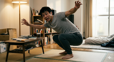かかとを床につけて深くしゃがむ「ヤンキー座り」ができず、後ろにひっくり返りそうになっている30代男性のイメージ。