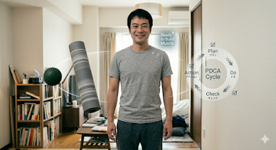 1週間の全身メンテナンスを終え、マッサージボールやヨガマットと共にスッキリとした表情で立つ30代ビジネスマンの総集編イメージ