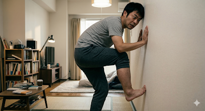 壁から少し離れて立ち、かかとをつけたまま膝を壁にくっつけようとするテスト。足首が硬すぎてかかとが浮いてしまい、絶望している30代男性のイメージ