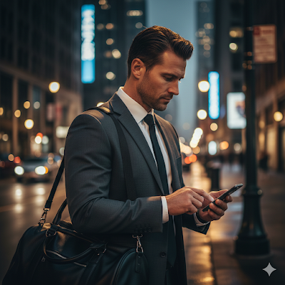 仕事終わりに夜の街角で立ち止まり、SNSでジムに行く宣言をポストしているビジネスパーソンのイメージ