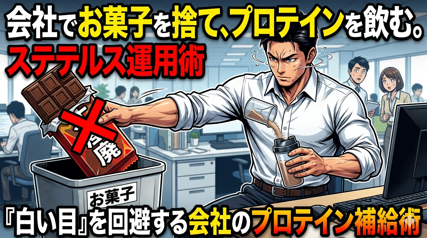 会社でお菓子を捨て、プロテインを飲む「ステルス運用術」を伝えるブログ用サムネイル画像。オフィスを背景に、アニメ調の力強い表情をした30代の男性社員が、チョコレートをゴミ箱へ投げ捨てながら、もう片方の手で小型シェイカーにプロテイン粉末を注いでいる様子。背景では同僚たちが驚いた表情で見つめている。画像上下には「会社でお菓子を捨て、プロテインを飲む。ステルス運用術」「『白い目』を回避する会社のプロテイン補給術」という太く大きなキャッチコピーが配置されている。