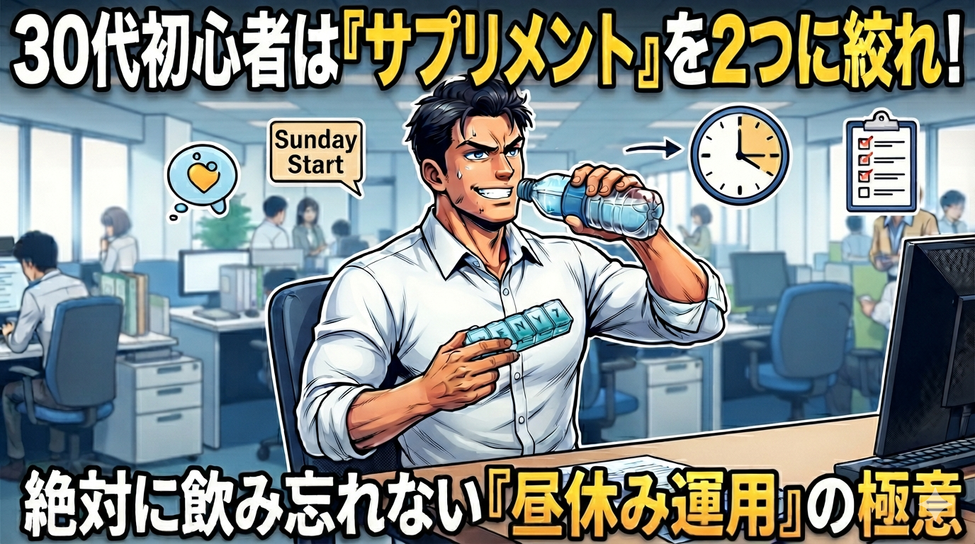 30代の男性会社員がオフィスでスマートにサプリメントを運用する様子を描いた、ブログ記事用サムネイル画像。中央に立つスーツ姿の男性社員が、決意に満ちた表情で水ボトルの水を飲みながら、もう片方の手で小型のピルケースを持っている。背景は現代的なオープンオフィスで、他の社員が仕事をしている。画像上部には黄色い大きな文字で「30代初心者は『サプリメント』を2つに絞れ！」、下部には同じく大きな黄色い文字で「絶対に飲み忘れない『昼休み運用』の極意」というキャッチコピーが配置されている。男性の左側にはハートのアイコンが入った吹き出しと「Sunday Start」のテキスト、右側には昼の12時を指す時計とチェックリストのアイコンが描かれている。全体は力強いアニメ・イラスト調で描かれている。