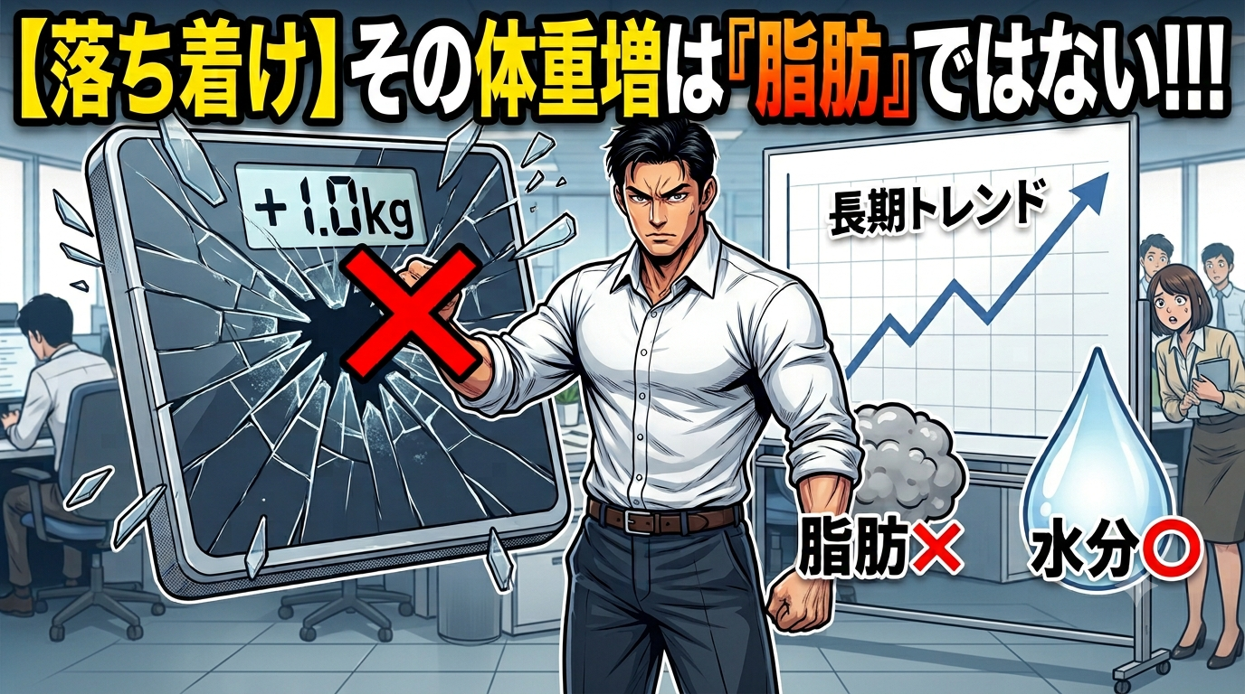 食事改革初期の体重増加は脂肪ではなく水分であることを伝える、ブログ記事用サムネイル画像。現代的なオープンオフィスを背景に、アニメ調の力強い表情をした30代の男性社員（係長T）が、巨大な赤い『×』スタンプを、ガラスのように砕け散ったデジタル体重計のディスプレイ（『+1.0kg』と表示）に押し付けている。体重計の上には『【落ち着け】その体重増は『脂肪』ではない！！！』という大きな太文字が配置されている。彼の右側には、上昇トレンドを示す『長期トレンド』のグラフが描かれたホワイトボードがあり、その下にはグレーの『脂肪❌』の煙のような塊と、鮮やかな青白い『水分⭕』の水滴のアイコンが並べられている。遠くでは同僚たちが驚いた表情で見つめている。全体は力強いアニメ・イラスト調で描かれている。